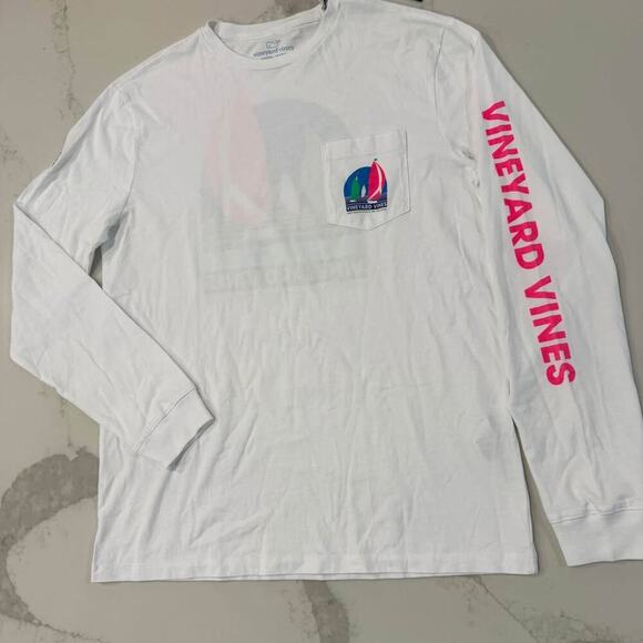 Vineyard Vines NWT Regatta Sailboat LongSleeve TShirt Mens Small White/Neon Pink - Picture 2 of 8